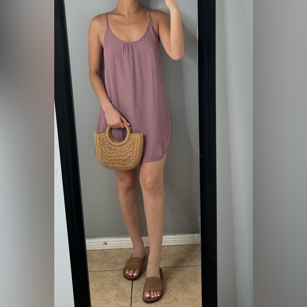 Purple loose flowey vacation beach casual cover up side cut out mini dress sz XS